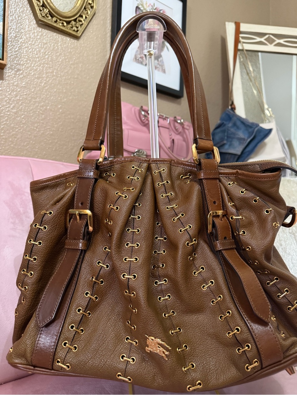 💯Auth! BURBERRY LOWRY Metal Stitch & Grommet Bag. Brown leather & Gold Hardware